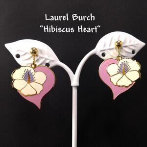 Laurel Burch Hibiscus Heart Earrings Pink White Enamel Gold Cloisonné 1980s